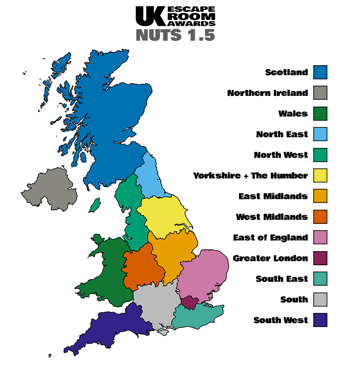 UK Escape Room Awards Region Map (NUTS 1.5)